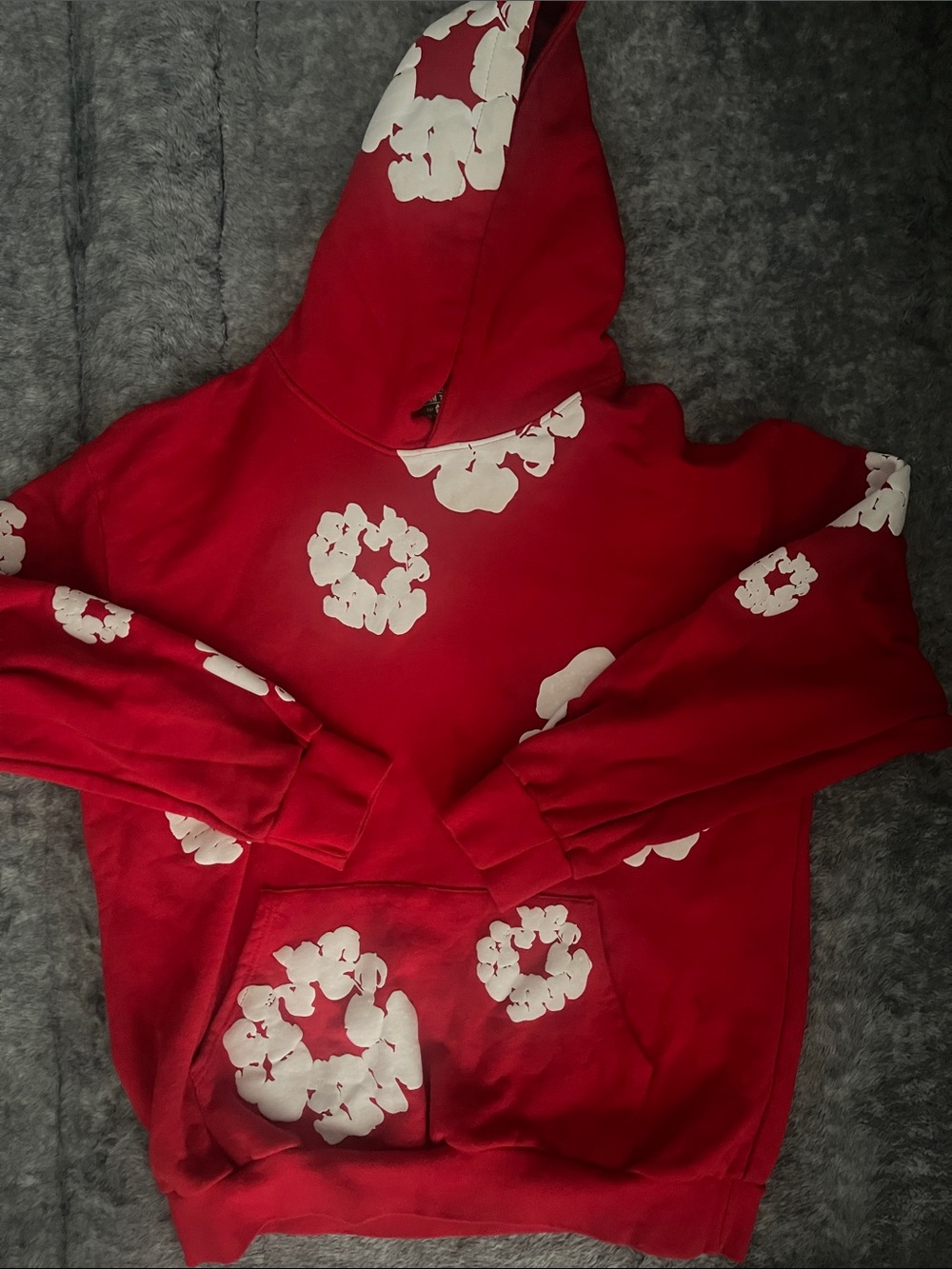 Red Denim Tears Hoodie with White Floral Prints